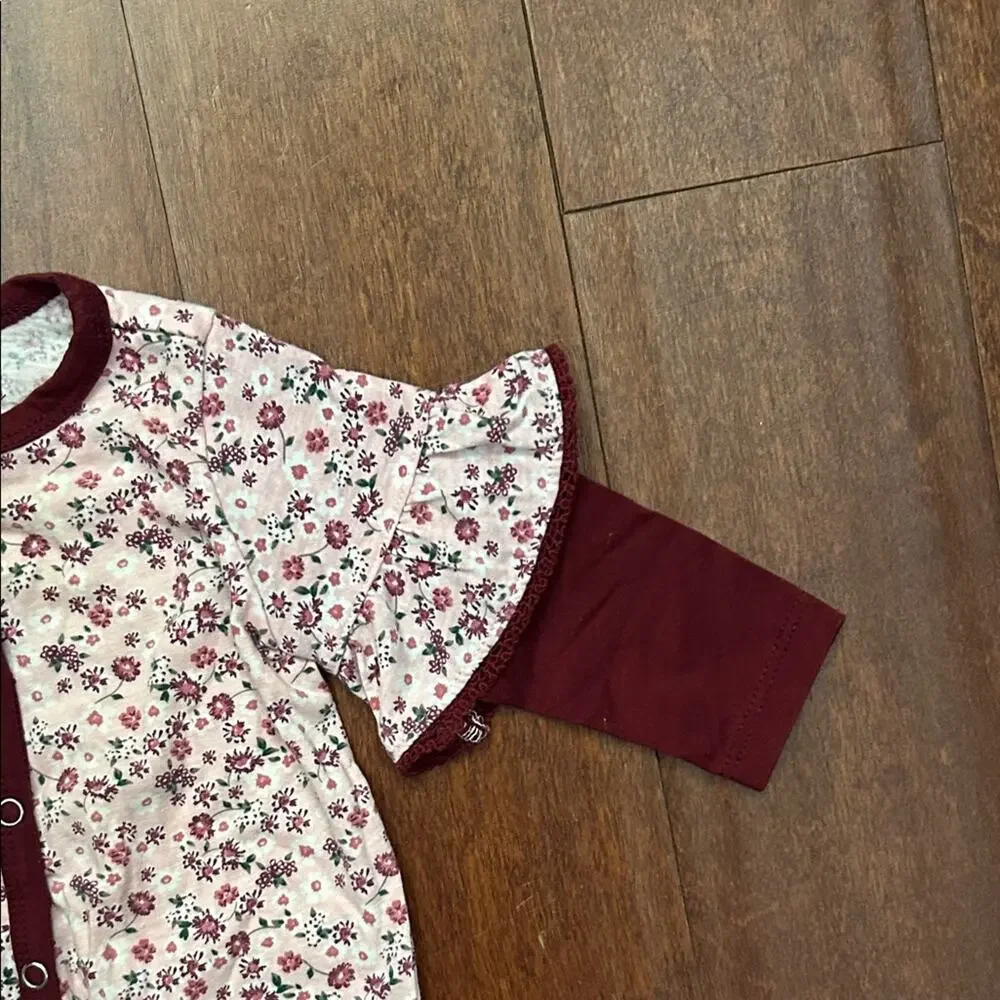 7 For All Mankind Floral Burgundy Kids Footie One Piece, Size 3-6 Months
